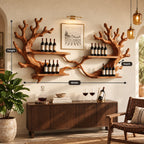Twin Coral Branch Wine Rack with Four Bottle Shelves, Carved Solid Wood Wall Bar Display for Dining Room