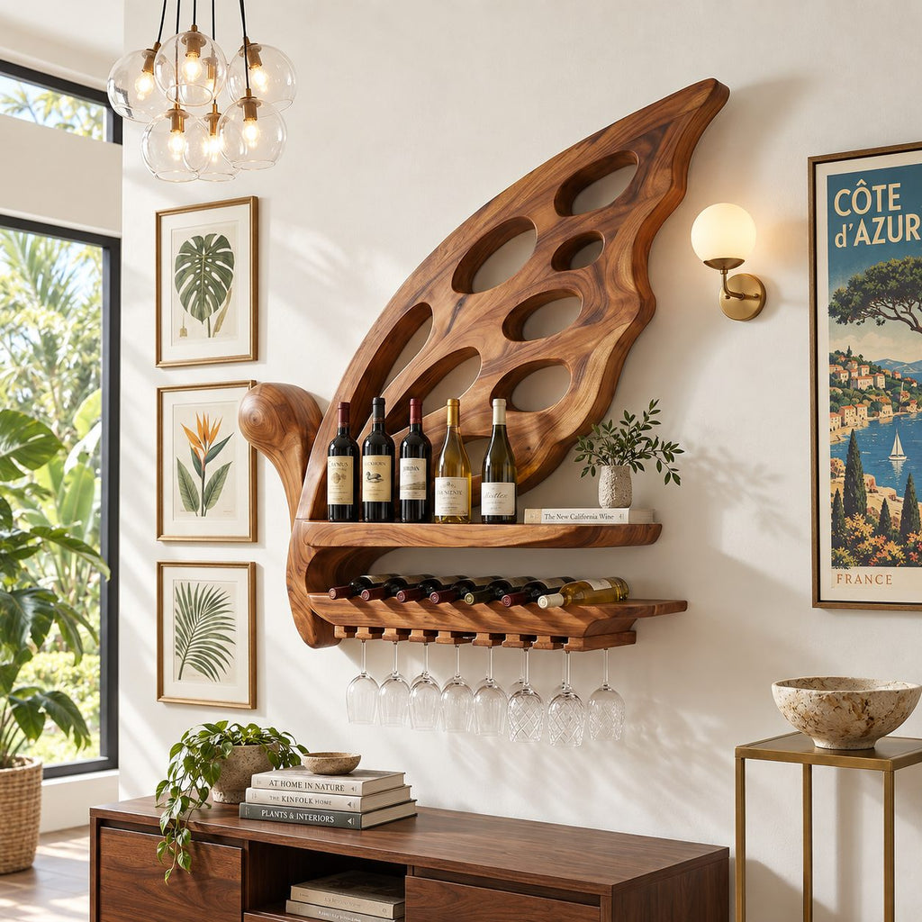 Butterfly Wing Wine Rack with Oval Cutouts, Bottle Shelf, Lying Bottle Rack and Stemware Rail, Solid Wood