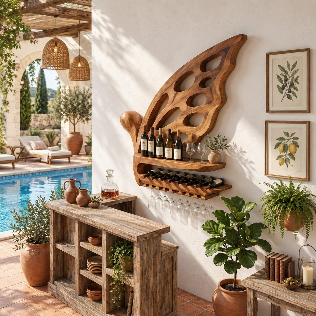 Butterfly Wing Wine Rack with Oval Cutouts, Bottle Shelf, Lying Bottle Rack and Stemware Rail, Solid Wood