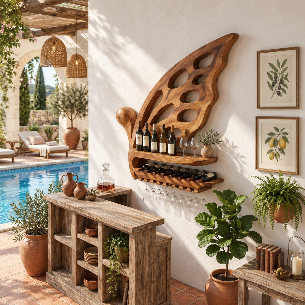 Butterfly Wing Wine Rack with Oval Cutouts, Bottle Shelf, Lying Bottle Rack and Stemware Rail, Solid Wood