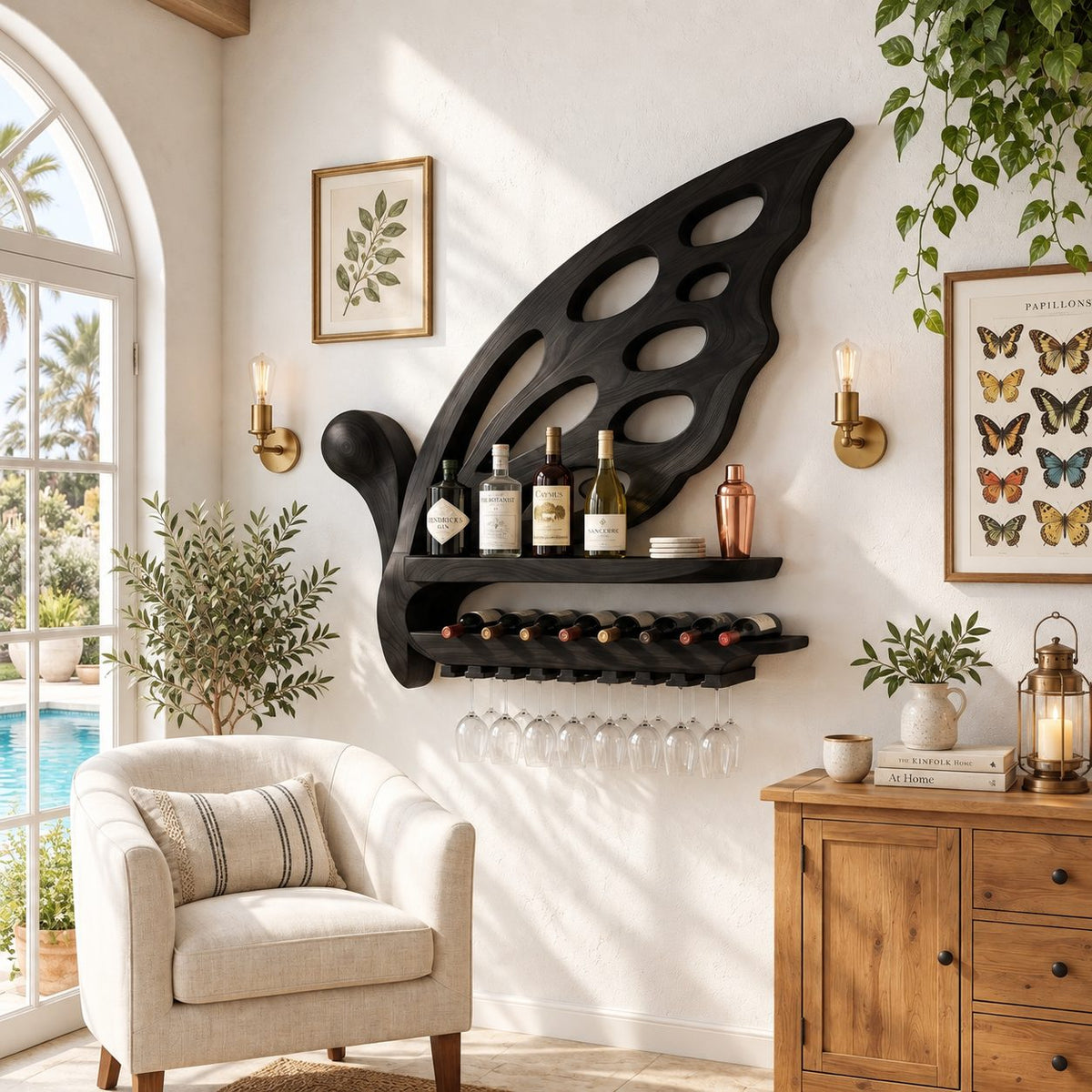 Butterfly Wing Wine Rack with Oval Cutouts, Bottle Shelf, Lying Bottle Rack and Stemware Rail, Solid Wood