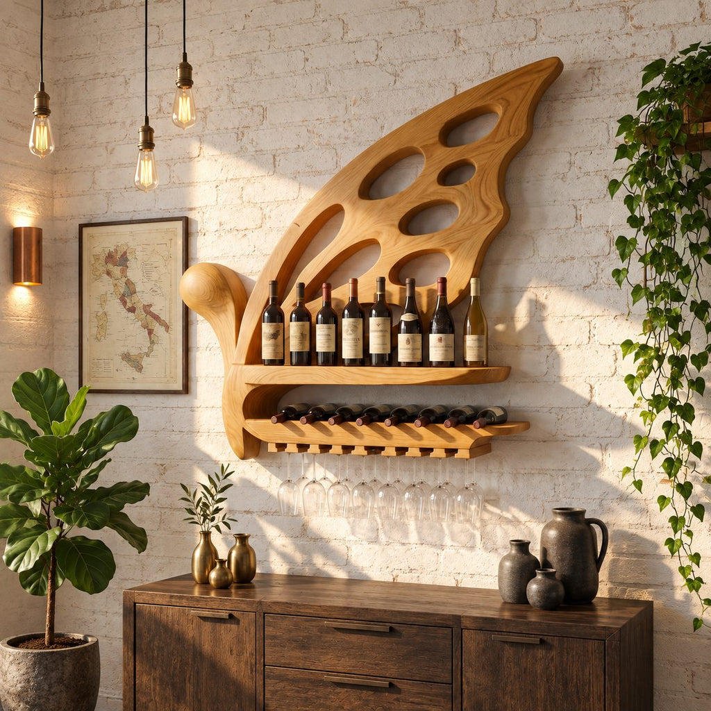 Butterfly Wing Wine Rack with Oval Cutouts, Bottle Shelf, Lying Bottle Rack and Stemware Rail, Solid Wood