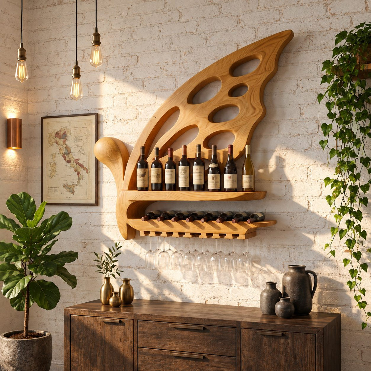 Butterfly Wing Wine Rack with Oval Cutouts, Bottle Shelf, Lying Bottle Rack and Stemware Rail, Solid Wood