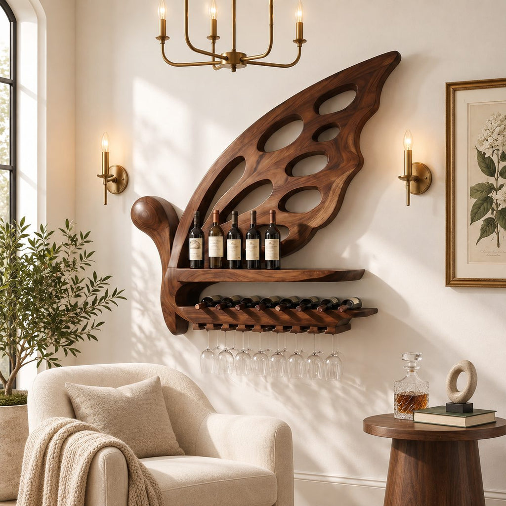 Butterfly Wing Wine Rack with Oval Cutouts, Bottle Shelf, Lying Bottle Rack and Stemware Rail, Solid Wood