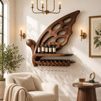 Butterfly Wing Wine Rack with Oval Cutouts, Bottle Shelf, Lying Bottle Rack and Stemware Rail, Solid Wood