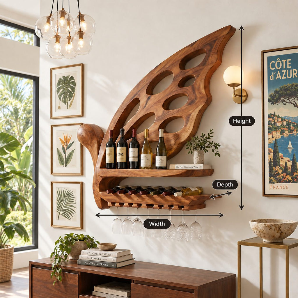 Butterfly Wing Wine Rack with Oval Cutouts, Bottle Shelf, Lying Bottle Rack and Stemware Rail, Solid Wood