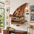 Butterfly Wing Wine Rack with Oval Cutouts, Bottle Shelf, Lying Bottle Rack and Stemware Rail, Solid Wood