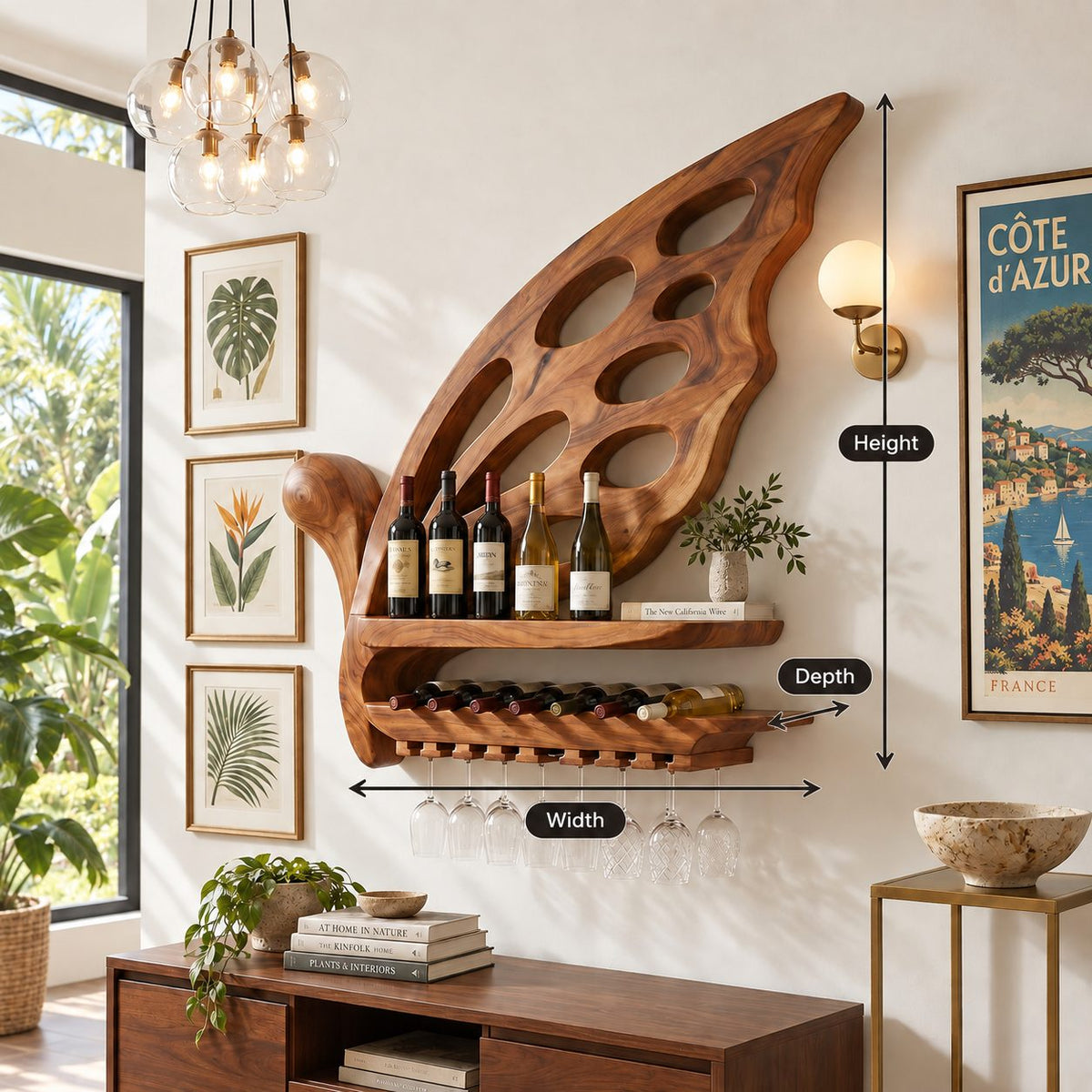 Butterfly Wing Wine Rack with Oval Cutouts, Bottle Shelf, Lying Bottle Rack and Stemware Rail, Solid Wood