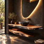 Two Tier Floating Bathroom Vanity 16-48 Inch, Live Edge Wood Slab Counter with Lower Towel Shelf