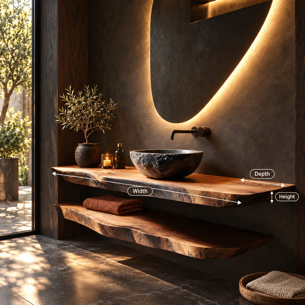 Two Tier Floating Bathroom Vanity 16-48 Inch, Live Edge Wood Slab Counter with Lower Towel Shelf