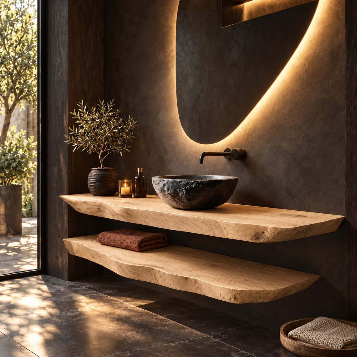 Two Tier Floating Bathroom Vanity 16-48 Inch, Live Edge Wood Slab Counter with Lower Towel Shelf