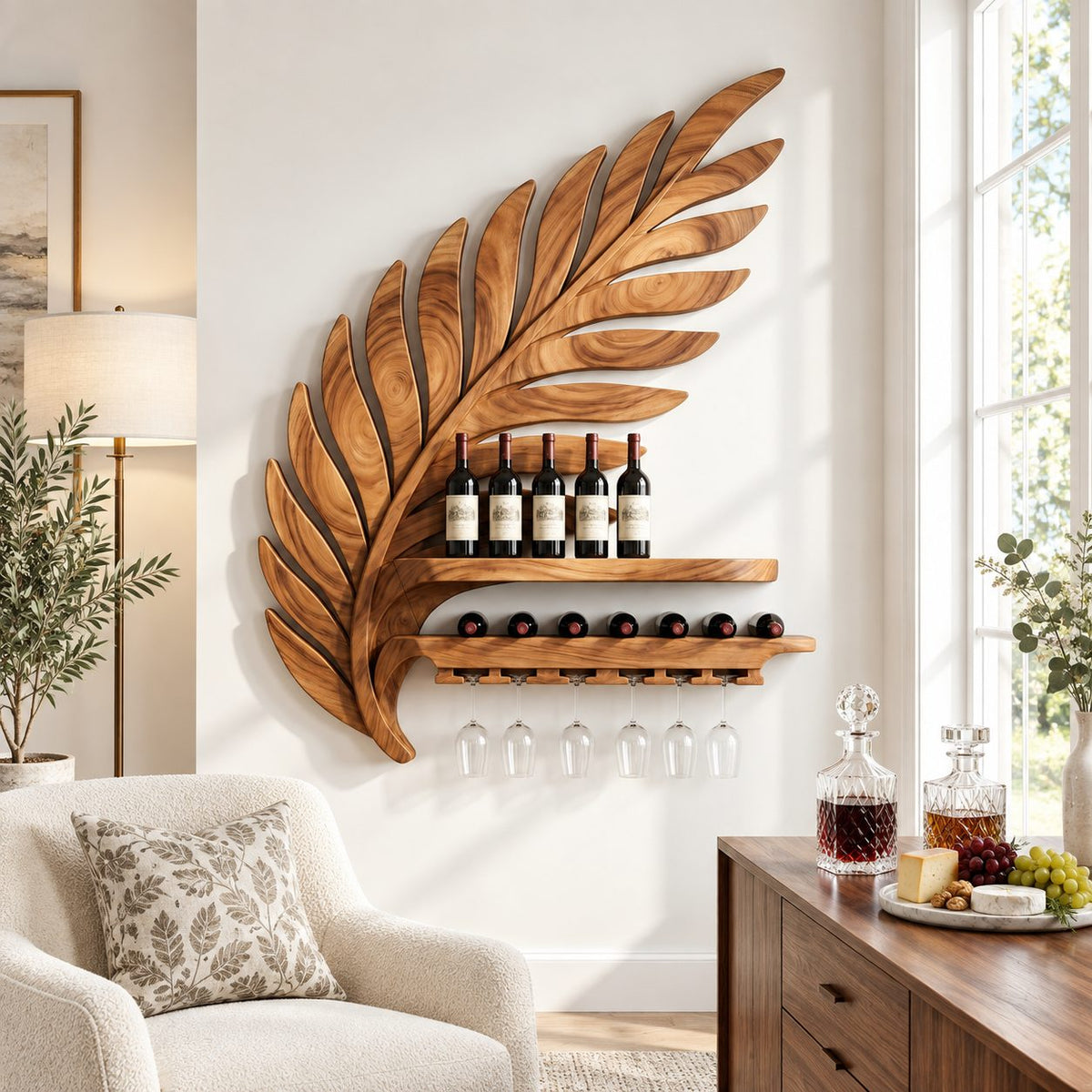 Palm Frond Wine Rack with Carved Leaf Backdrop, Bottle Shelf, Lying Bottle Rack and Stemware Rail, Solid Wood