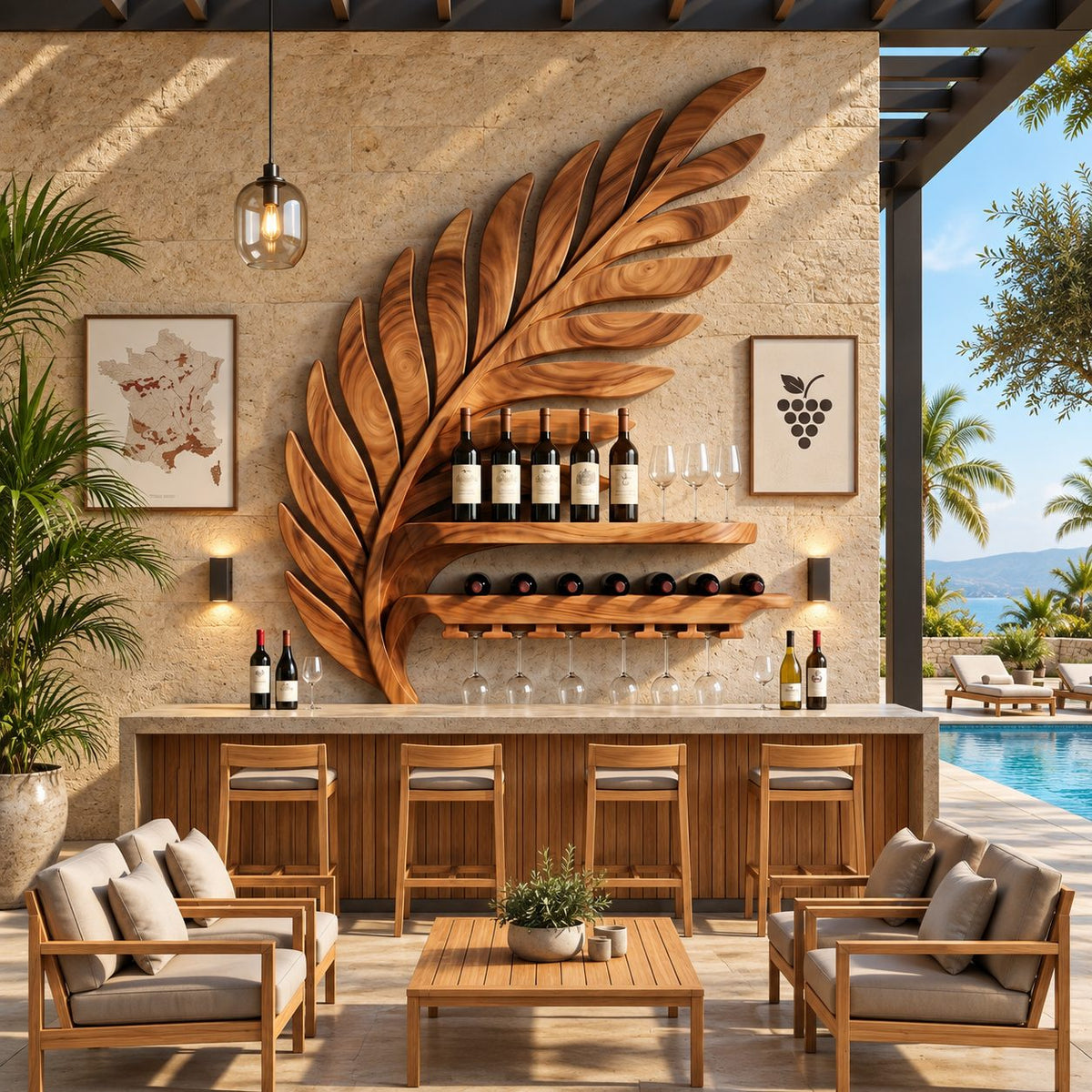 Palm Frond Wine Rack with Carved Leaf Backdrop, Bottle Shelf, Lying Bottle Rack and Stemware Rail, Solid Wood