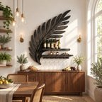 Palm Frond Wine Rack with Carved Leaf Backdrop, Bottle Shelf, Lying Bottle Rack and Stemware Rail, Solid Wood
