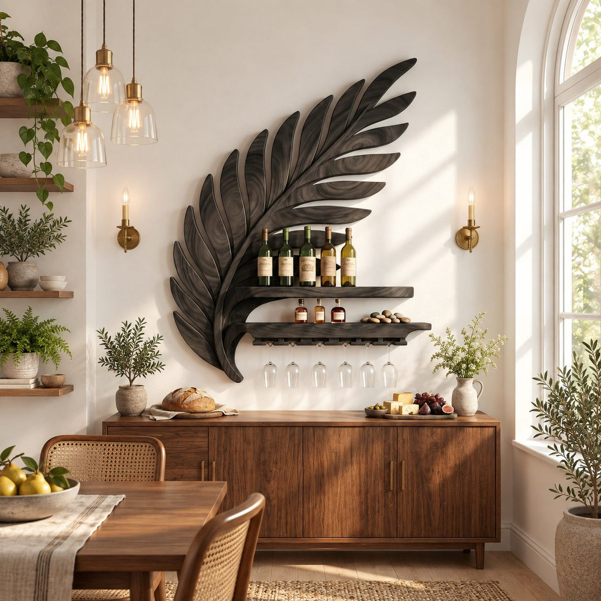 Palm Frond Wine Rack with Carved Leaf Backdrop, Bottle Shelf, Lying Bottle Rack and Stemware Rail, Solid Wood