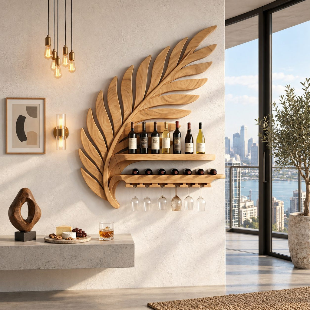 Palm Frond Wine Rack with Carved Leaf Backdrop, Bottle Shelf, Lying Bottle Rack and Stemware Rail, Solid Wood