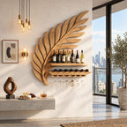 Palm Frond Wine Rack with Carved Leaf Backdrop, Bottle Shelf, Lying Bottle Rack and Stemware Rail, Solid Wood