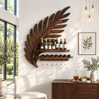 Palm Frond Wine Rack with Carved Leaf Backdrop, Bottle Shelf, Lying Bottle Rack and Stemware Rail, Solid Wood