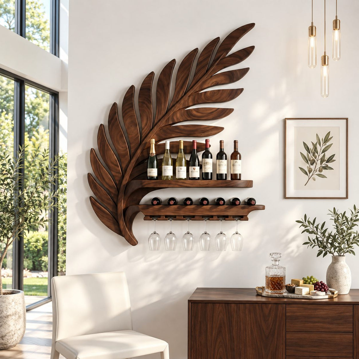 Palm Frond Wine Rack with Carved Leaf Backdrop, Bottle Shelf, Lying Bottle Rack and Stemware Rail, Solid Wood
