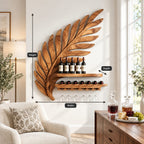 Palm Frond Wine Rack with Carved Leaf Backdrop, Bottle Shelf, Lying Bottle Rack and Stemware Rail, Solid Wood