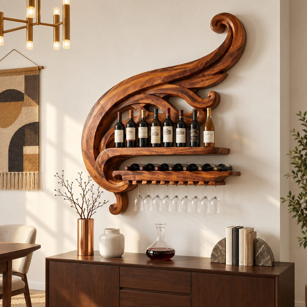 Swirling Scroll Wine Rack with Bottle Shelf, Lying Bottle Rack and Stemware Rail, Carved Solid Wood Wall Bar