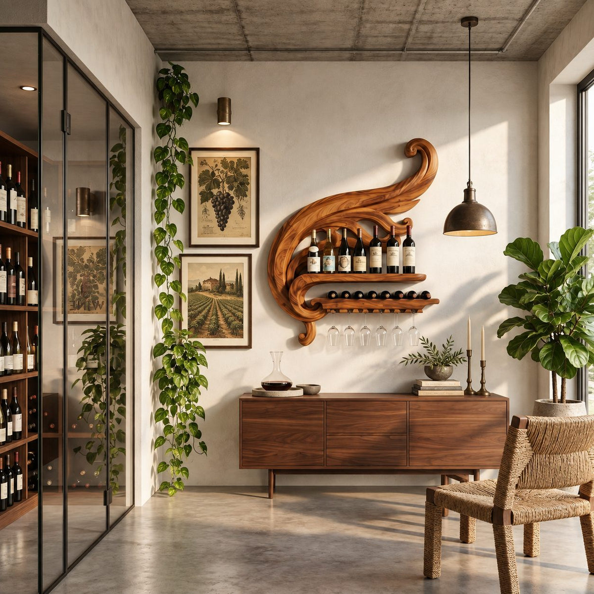 Swirling Scroll Wine Rack with Bottle Shelf, Lying Bottle Rack and Stemware Rail, Carved Solid Wood Wall Bar