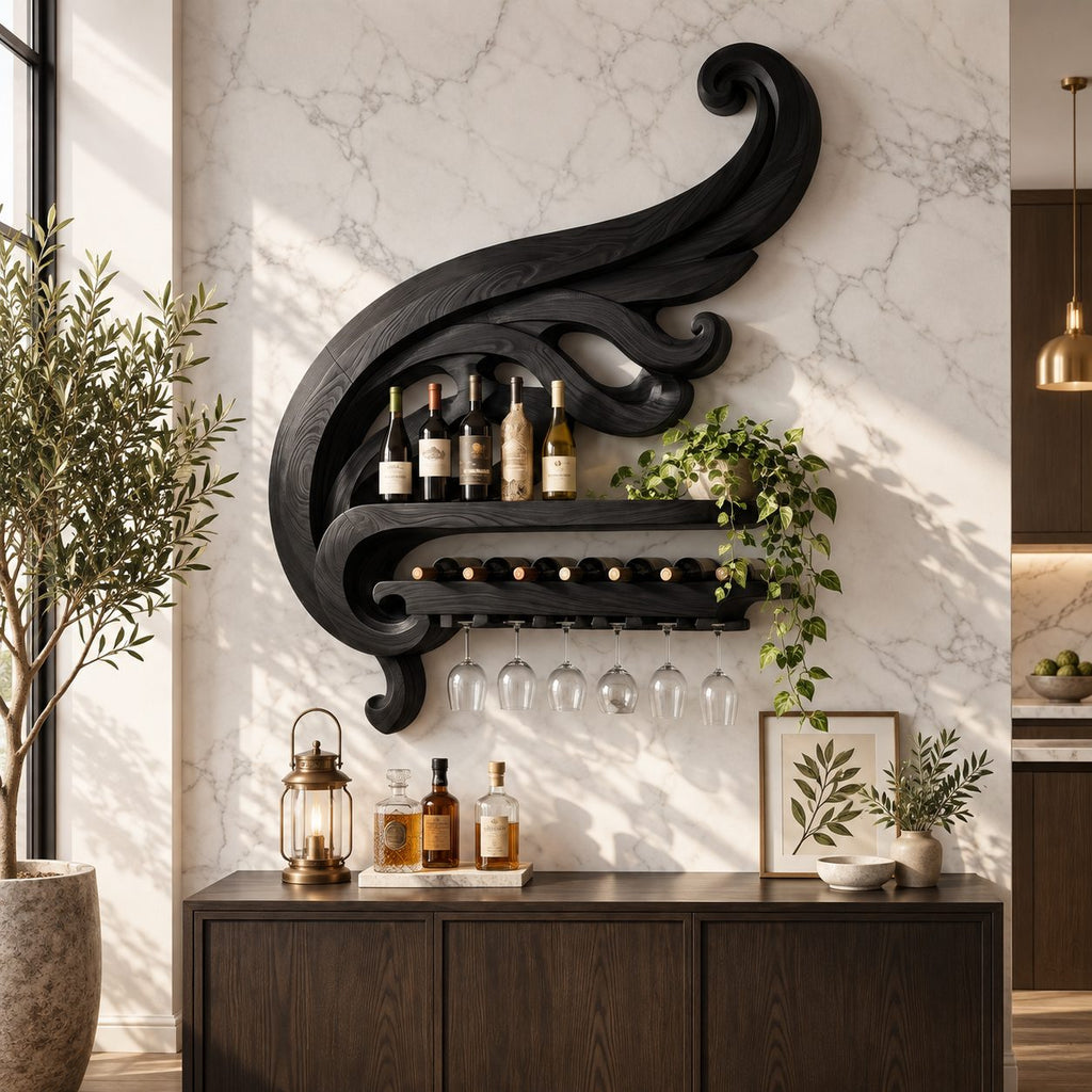 Swirling Scroll Wine Rack with Bottle Shelf, Lying Bottle Rack and Stemware Rail, Carved Solid Wood Wall Bar