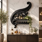 Swirling Scroll Wine Rack with Bottle Shelf, Lying Bottle Rack and Stemware Rail, Carved Solid Wood Wall Bar
