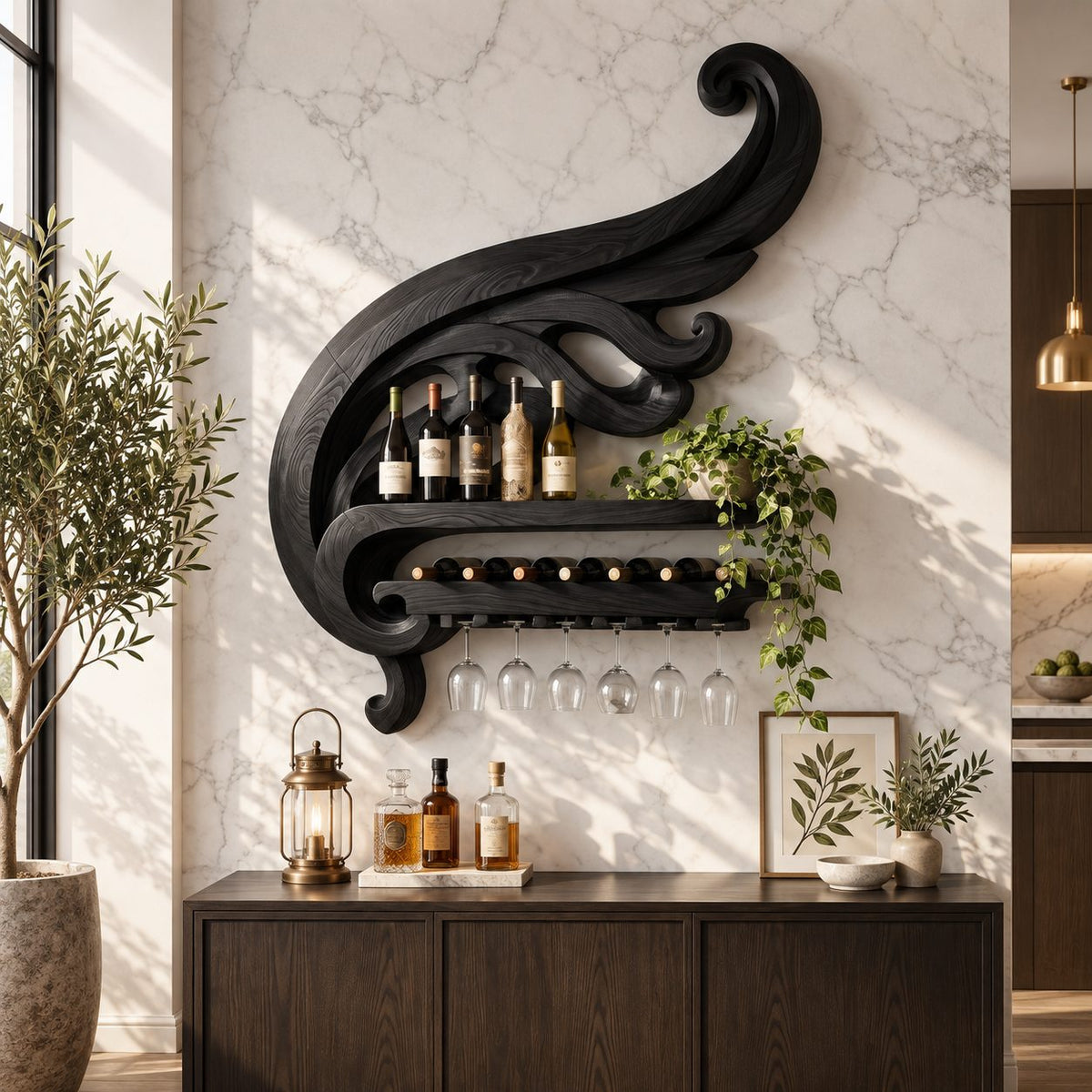 Swirling Scroll Wine Rack with Bottle Shelf, Lying Bottle Rack and Stemware Rail, Carved Solid Wood Wall Bar