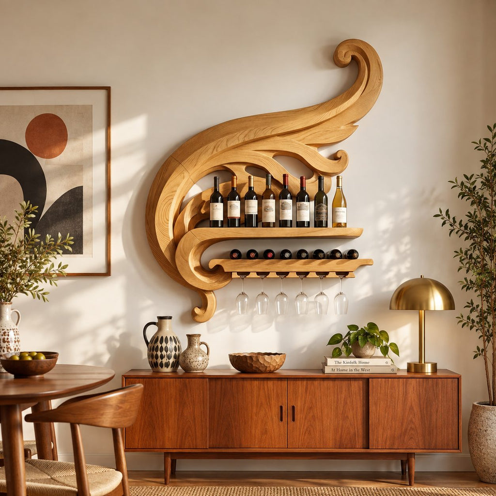 Swirling Scroll Wine Rack with Bottle Shelf, Lying Bottle Rack and Stemware Rail, Carved Solid Wood Wall Bar