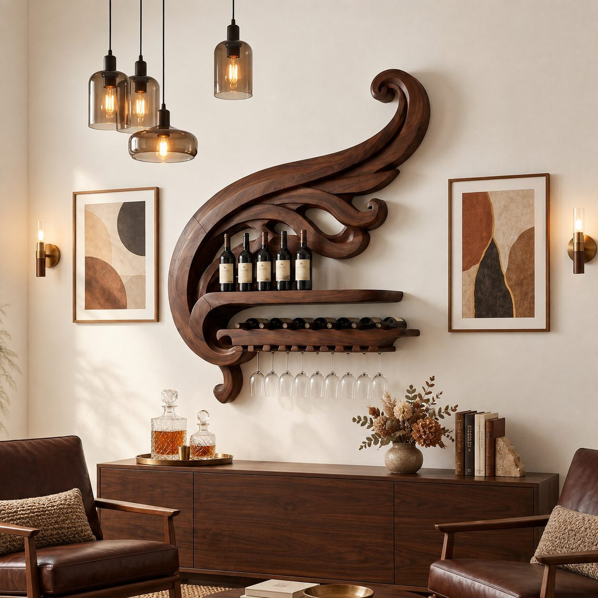 Swirling Scroll Wine Rack with Bottle Shelf, Lying Bottle Rack and Stemware Rail, Carved Solid Wood Wall Bar