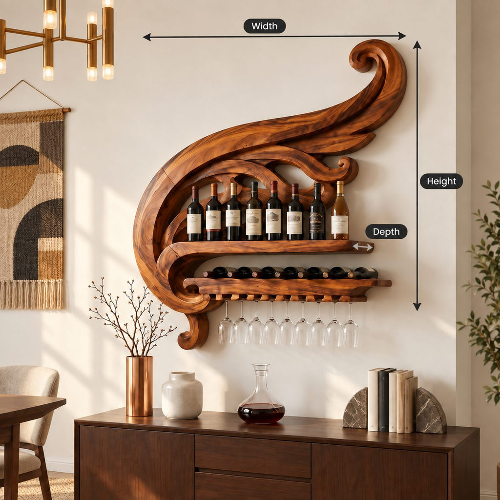 Swirling Scroll Wine Rack with Bottle Shelf, Lying Bottle Rack and Stemware Rail, Carved Solid Wood Wall Bar