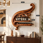 Swirling Scroll Wine Rack with Bottle Shelf, Lying Bottle Rack and Stemware Rail, Carved Solid Wood Wall Bar