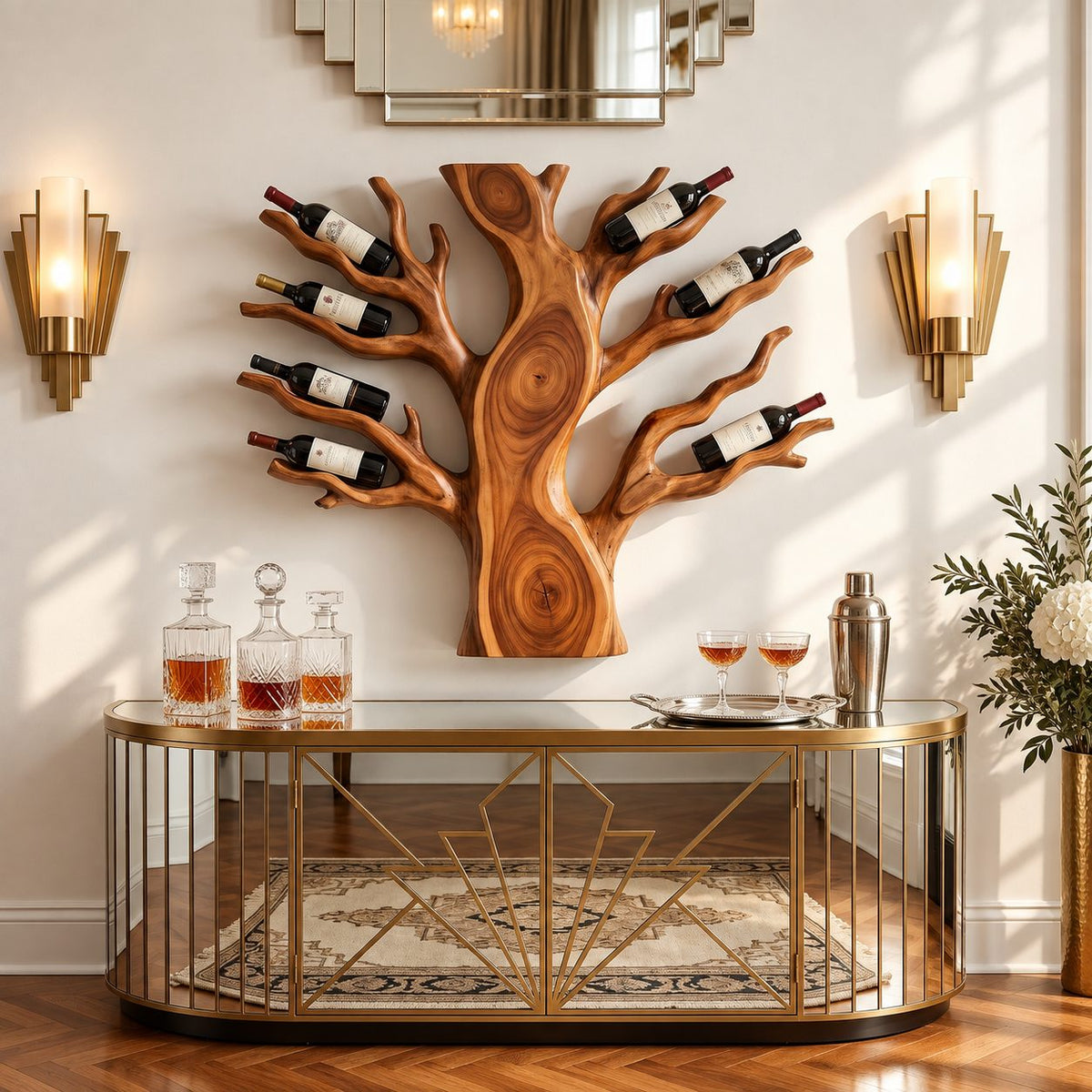 Spreading Tree Wine Rack with Bottles Held in Carved Branches, Wall Mounted Solid Wood Statement Piece