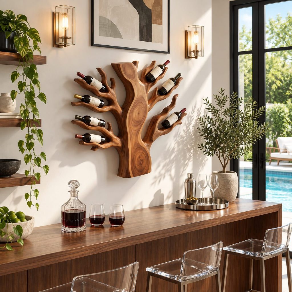 Spreading Tree Wine Rack with Bottles Held in Carved Branches, Wall Mounted Solid Wood Statement Piece