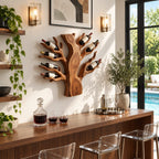 Spreading Tree Wine Rack with Bottles Held in Carved Branches, Wall Mounted Solid Wood Statement Piece