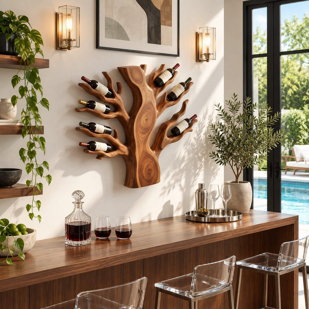 Spreading Tree Wine Rack with Bottles Held in Carved Branches, Wall Mounted Solid Wood Statement Piece