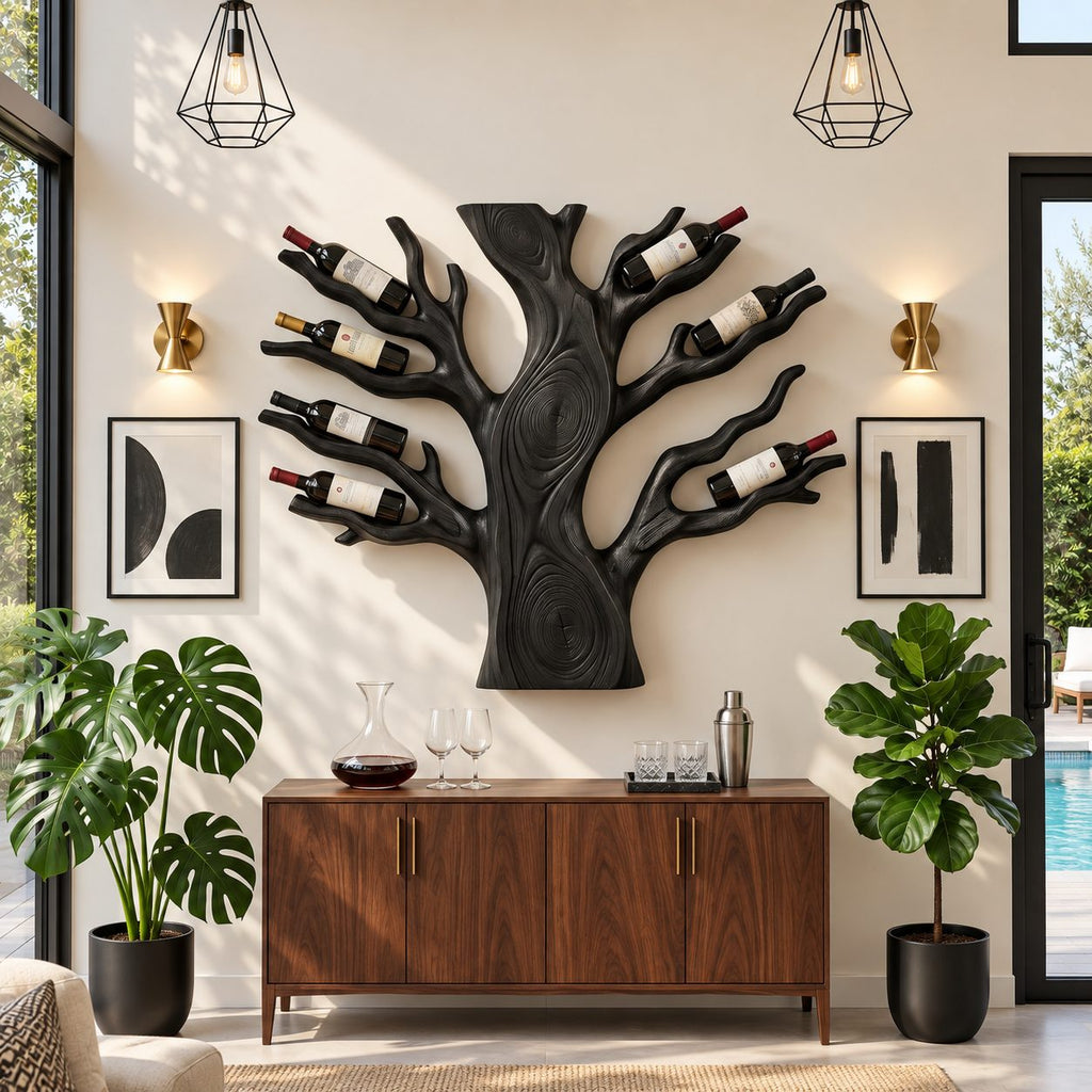 Spreading Tree Wine Rack with Bottles Held in Carved Branches, Wall Mounted Solid Wood Statement Piece