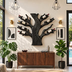 Spreading Tree Wine Rack with Bottles Held in Carved Branches, Wall Mounted Solid Wood Statement Piece
