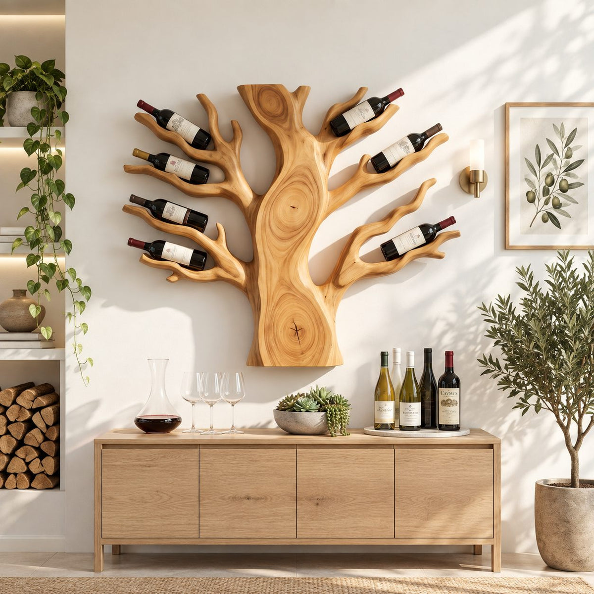 Spreading Tree Wine Rack with Bottles Held in Carved Branches, Wall Mounted Solid Wood Statement Piece