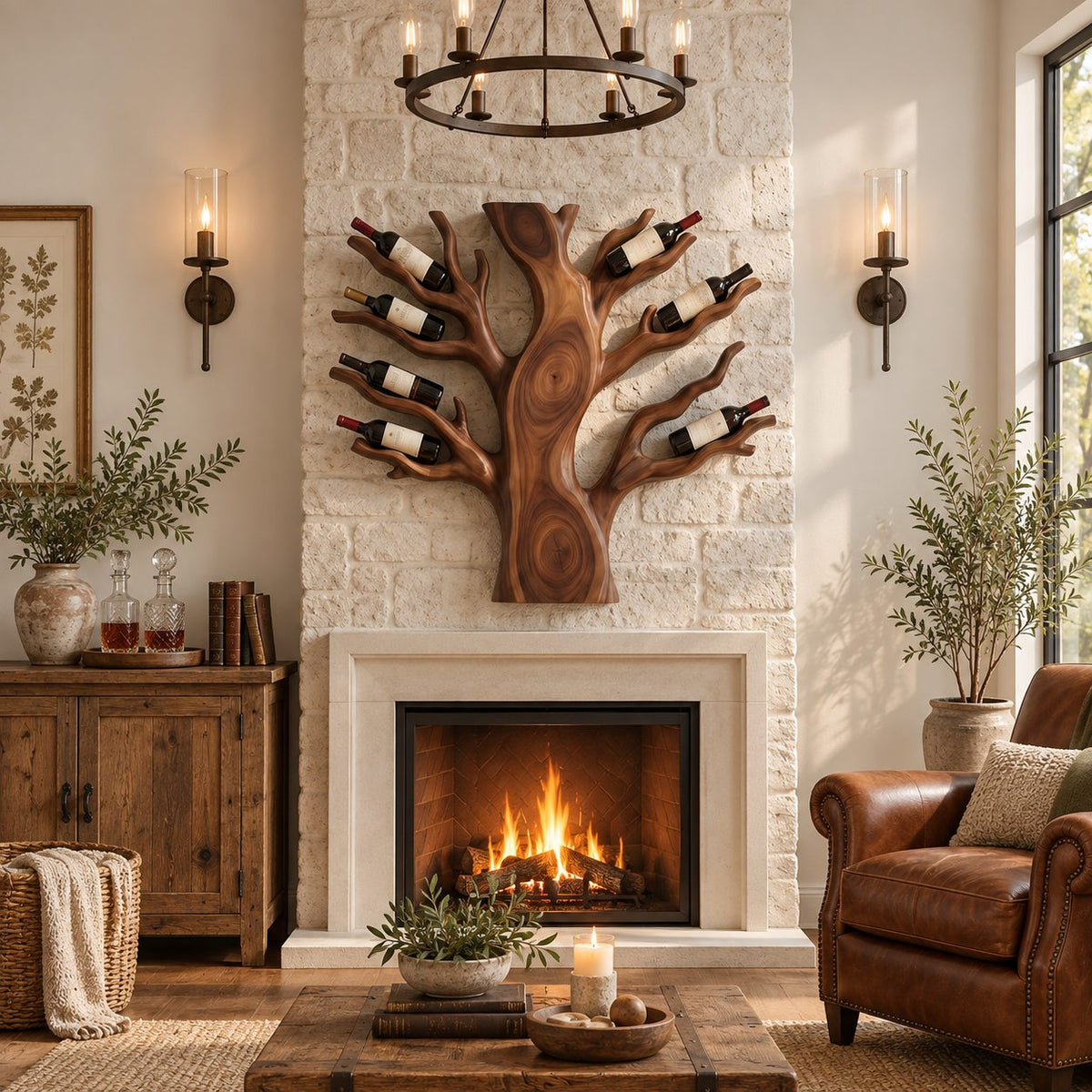 Spreading Tree Wine Rack with Bottles Held in Carved Branches, Wall Mounted Solid Wood Statement Piece