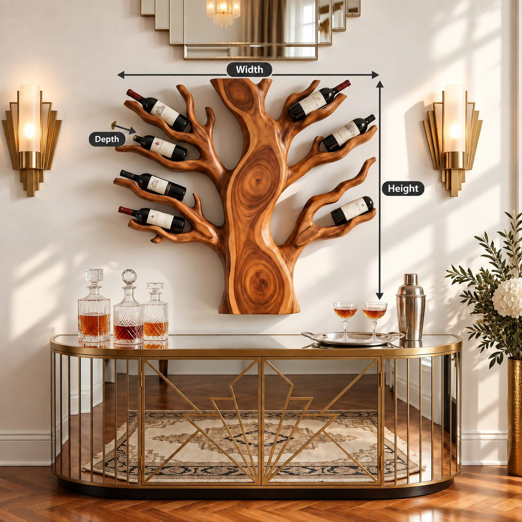 Spreading Tree Wine Rack with Bottles Held in Carved Branches, Wall Mounted Solid Wood Statement Piece
