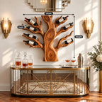 Spreading Tree Wine Rack with Bottles Held in Carved Branches, Wall Mounted Solid Wood Statement Piece