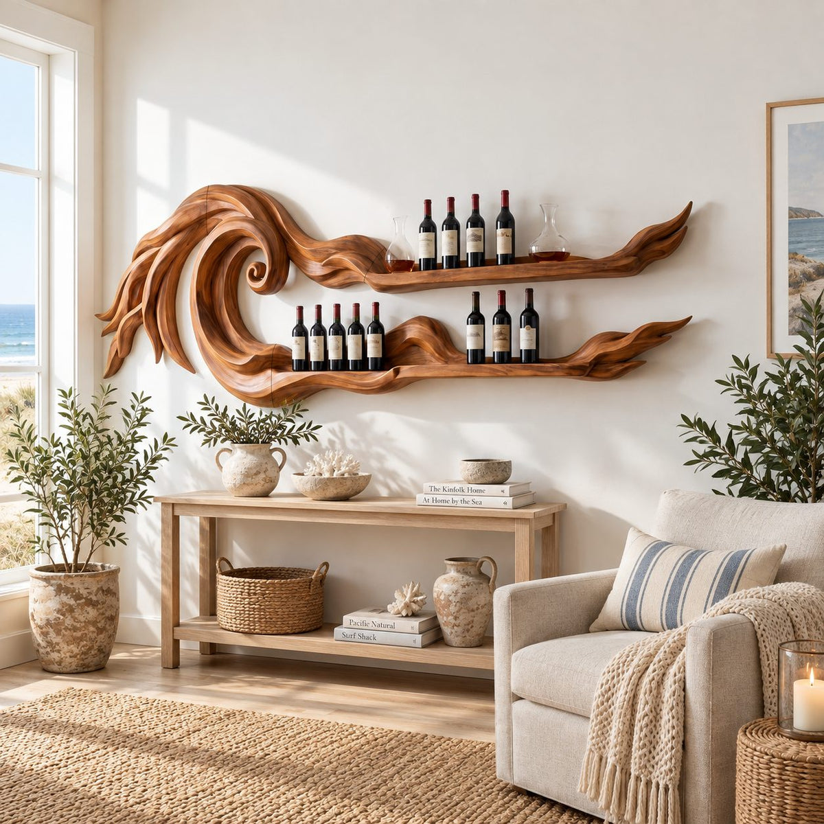Ocean Wave Wine Rack with Two Long Carved Bottle Shelves, Wall Mounted Solid Wood Bar Display, 70 to 88 Inch