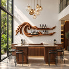 Ocean Wave Wine Rack with Two Long Carved Bottle Shelves, Wall Mounted Solid Wood Bar Display, 70 to 88 Inch