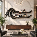 Ocean Wave Wine Rack with Two Long Carved Bottle Shelves, Wall Mounted Solid Wood Bar Display, 70 to 88 Inch