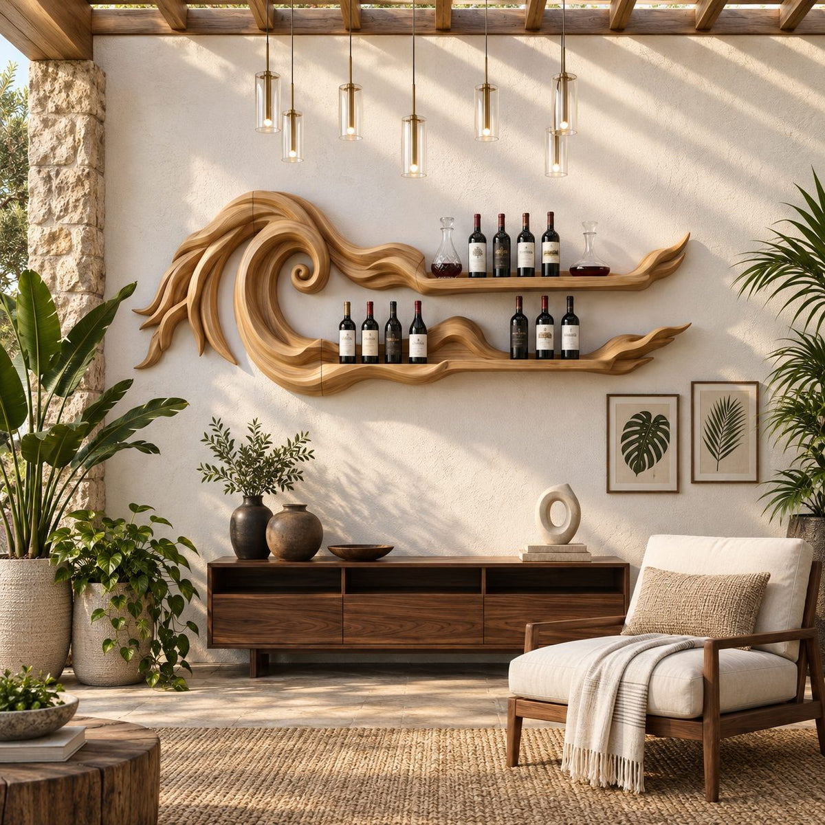 Ocean Wave Wine Rack with Two Long Carved Bottle Shelves, Wall Mounted Solid Wood Bar Display, 70 to 88 Inch