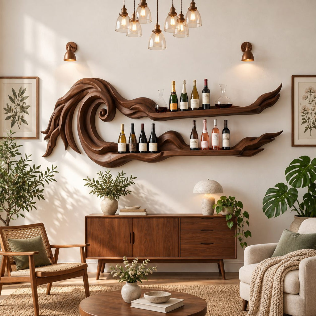 Ocean Wave Wine Rack with Two Long Carved Bottle Shelves, Wall Mounted Solid Wood Bar Display, 70 to 88 Inch