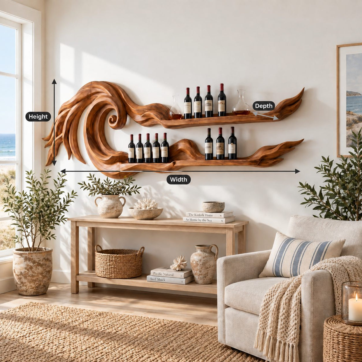 Ocean Wave Wine Rack with Two Long Carved Bottle Shelves, Wall Mounted Solid Wood Bar Display, 70 to 88 Inch