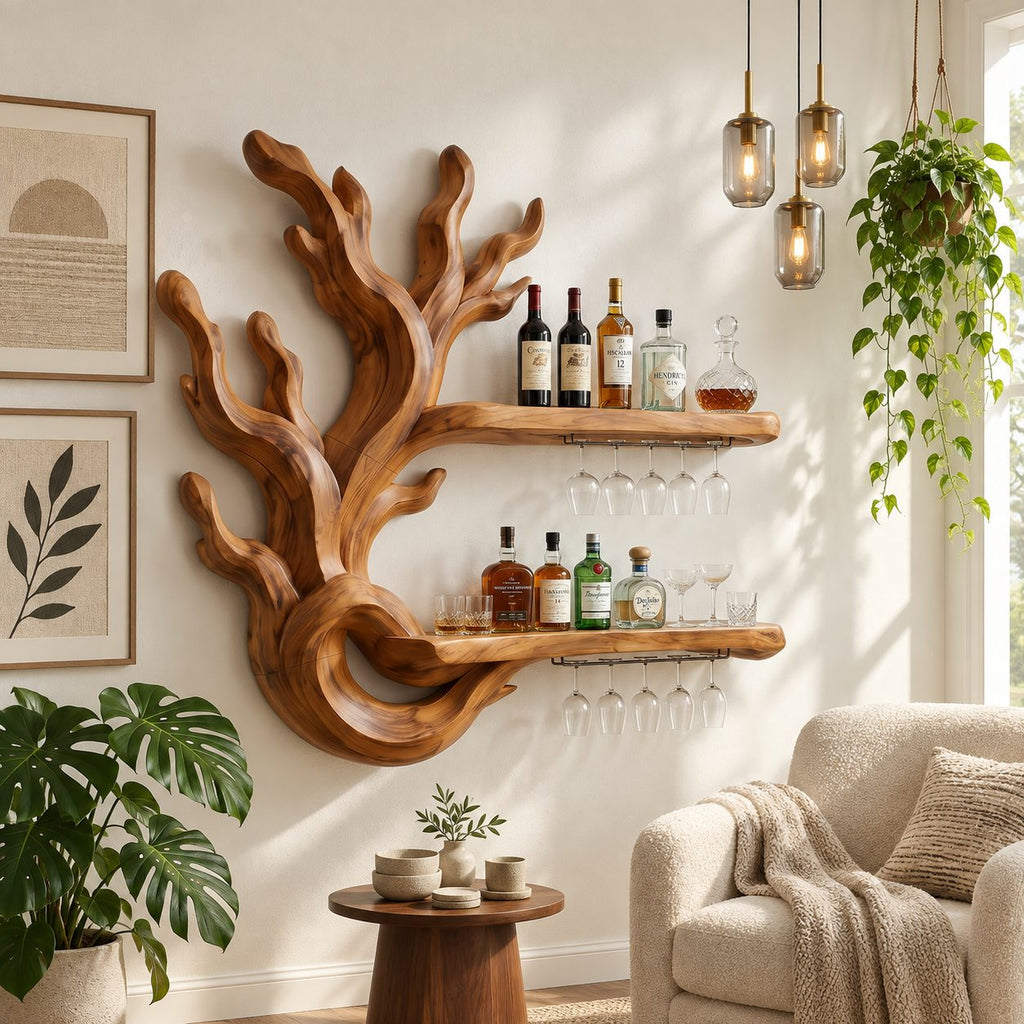 Coral Branch Wine Rack with Looped Base and Two Floating Bottle Shelves, Carved Solid Wood Wall Bar